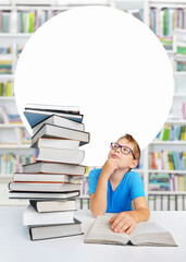 child at school with many books trying to learn. Amount of educational material in school library - concept. Poster with copy space text place for your text or logo.