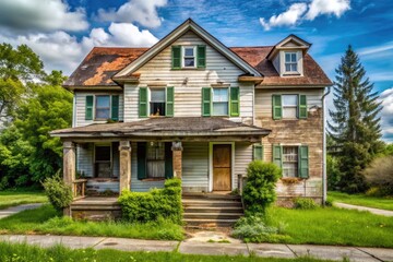 A worn, weathered suburban house with broken shutters, cracked sidewalk, and overgrown lawn awaits renovation, engulfed in a sense of neglect and disrepair.