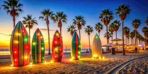 quintessential california christmas with surfboards and beach vibes at mission beach boardwalk with festive holiday lights