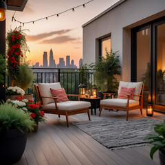 Fototapeta premium A tranquil balcony scene at sunset, surrounded by potted flowers, warm candlelight, and string lights, features a plush wooden lounge chair and the city skyline.