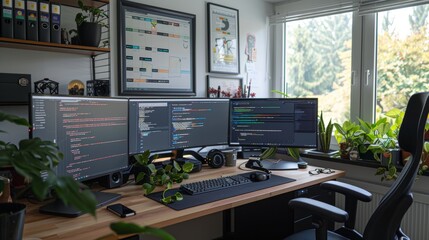 Tech Oasis Dual Monitor Setup Code Display Flowcharts Cozy Reading Nook with Houseplant in Home Office