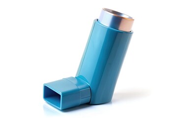A blue inhaler with a removable cap stands upright on a white background, ready for use to alleviate respiratory issues such as asthma.