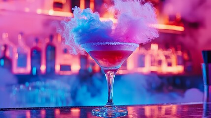 Colorful Cocktail with Smoke Effect in Trendy Neon Bar Ambiance