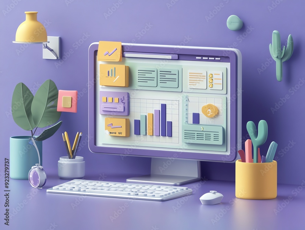 Poster modern office desk with computer, keyboard, mouse and decorative elements.