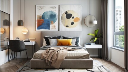 Chic Teen Sanctuary Minimalist Bed Abstract Art Modern Desk Stylish and Serene Bedroom Decor for Teens