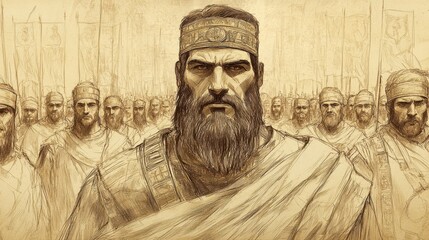 Jeroboam Rallies the Northern Tribes, Declaring Secession from Rehoboam’s Rule, 1 Kings Biblical Illustration, Bible Wall Art, Beige Background