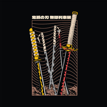 Sword Katana Kimetsu no Yaiba Vintage Cartoon Illustration