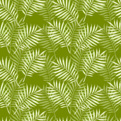 Hand drawn watercolor green palm tree leaves seamless pattern isolated on green background. Can be used for textile, fabric and other printed products.