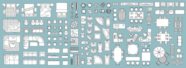 Top view of a set of isolated vector linear illustrations for creating interior design: beds, sofas, bathrooms, sinks, toilets, tables, chairs, terrace, plants, carpets.