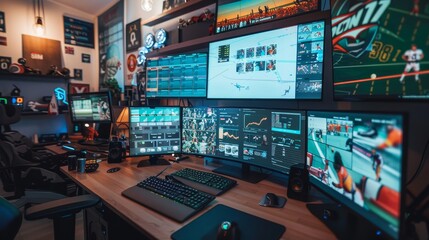 Obraz premium Game Day Command Center Sports Analyst's Workspace with MultiMonitor Setup Team Strategies and Memorabilia