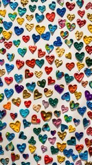 Various shiny heart-shaped decorations in vibrant colors cover a white surface, creating an artistic and cheerful display