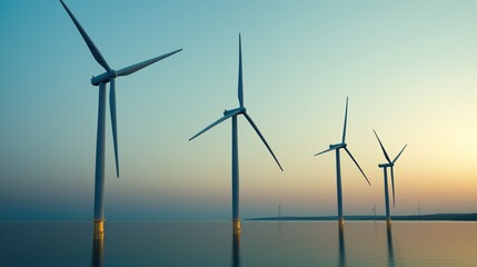 3D render of a wind farm, large turbines, renewable energy, industrial landscape.