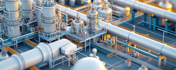 Detailed 3D model of a chemical plant, pipes, valves, and industrial structures.