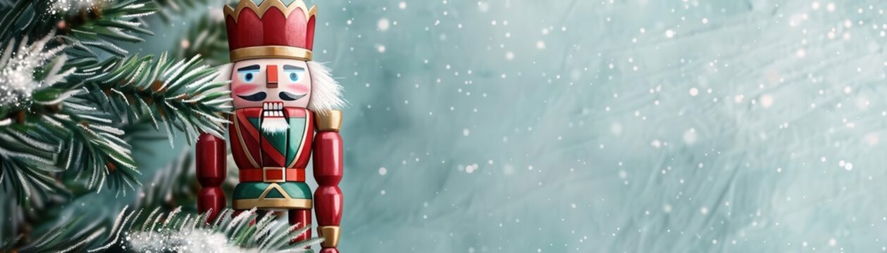 Watercolor illustration of a traditional nutcracker ornament, vibrant reds and greens with soft edges, hanging on a snow-dusted tree