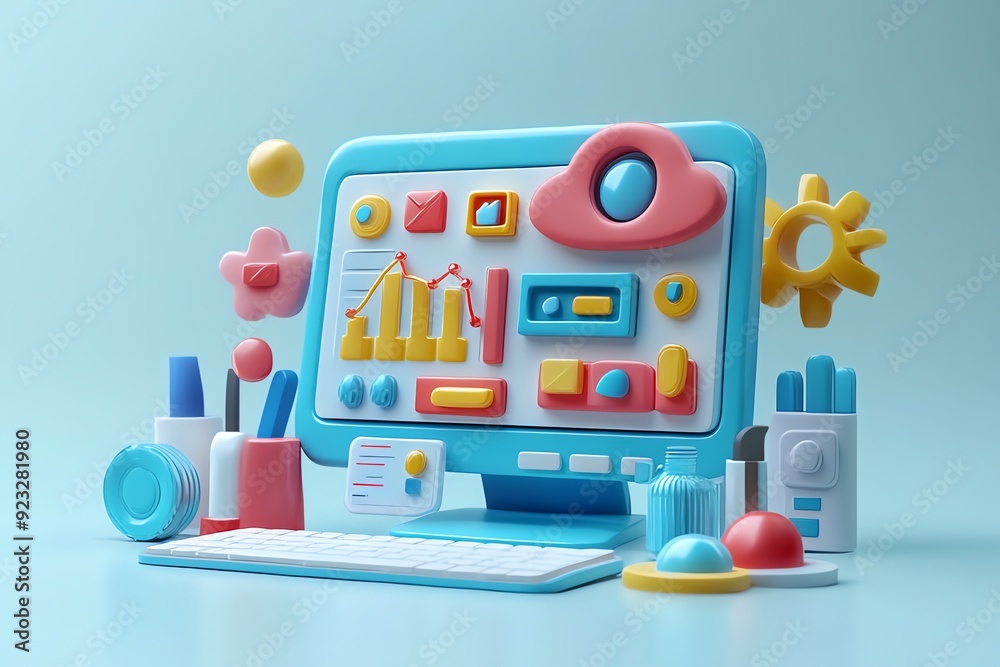 Poster 3d illustration of colorful computer icons.