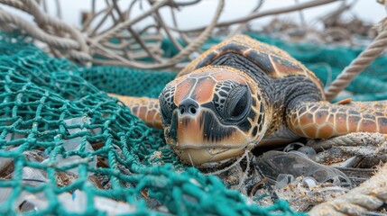 A baby turtle is laying on a green net