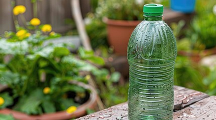 A bottle of water sits on a wooden table next to a potted plant