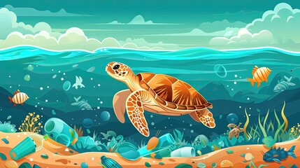A turtle swims in the ocean with a variety of fish swimming around it