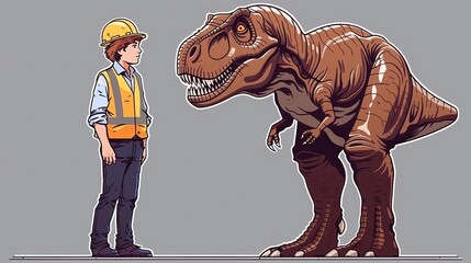 A man in a yellow vest stands next to a dinosaur