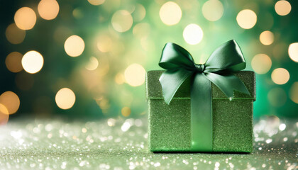 Fototapeta premium A glittery green gift box with a satin bow against a sparkling bokeh light background, perfect for celebrations