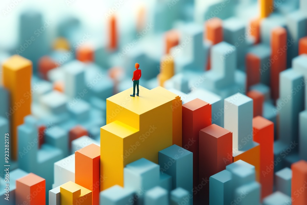 Poster miniature figure standing on a yellow platform in a city of cubes.