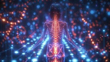 A woman's body is made of glowing lights and is surrounded by a blue background