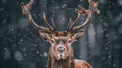 A deer with snow on its head and antlers