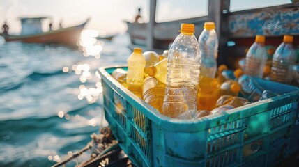 A crate full of plastic bottles floating in the ocean