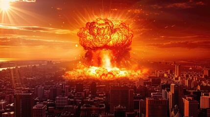 A city is shown with a large explosion in the sky