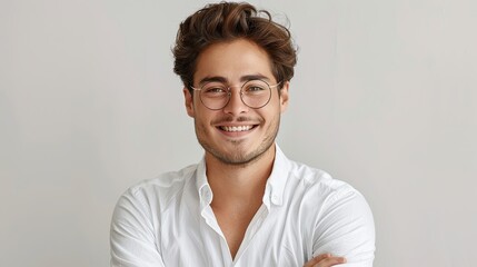 A man with glasses and a beard is smiling and posing for a picture