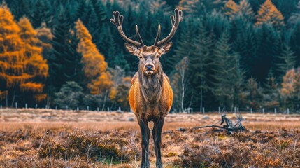A deer stands in a field of grass and leaves