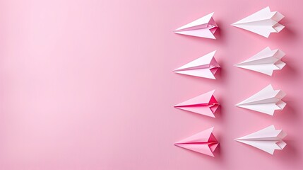 A row of paper airplanes are arranged on a pink background