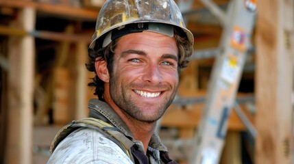 A man wearing a hard hat and a dirty face is smiling