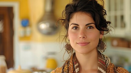 A woman with brown hair and brown earrings is standing in a kitchen
