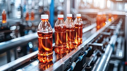Bottles of orange liquid on a conveyor belt