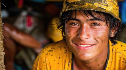 A man with a yellow shirt and a yellow hat is smiling