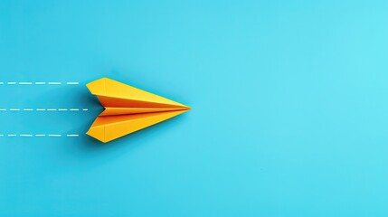 A yellow paper airplane is flying through the air, with a blue background