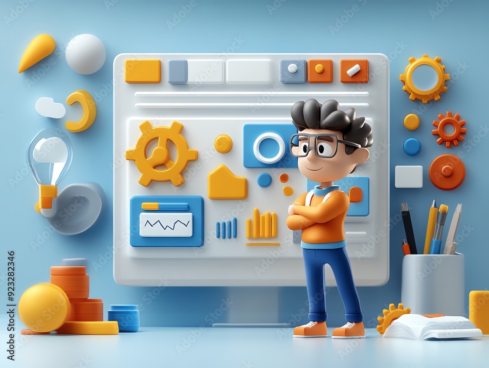 Poster 3D Cartoon Boy Standing in Front of Computer Screen with Colorful Icons.