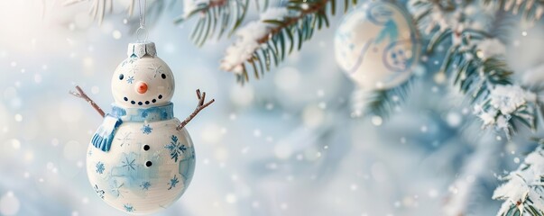 Obraz premium Watercolor snowman ornament, soft white and blue tones with delicate detailing, hanging against a snowy winter backdrop, charming and festive