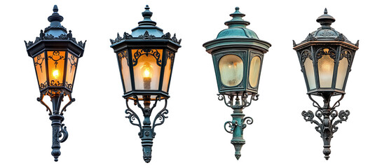 Collection of ornate vintage street lamps with glowing lights urban decor transparent background