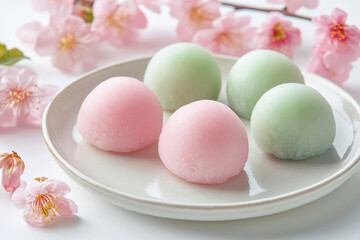 Japanese mochi pastel colored on white plate