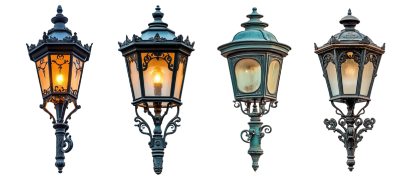 Collection of ornate vintage street lamps with glowing lights urban decor transparent background