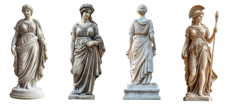 Classical statues of female figures from ancient mythology marble sculptures transparent background