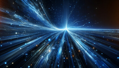 Naklejka premium Swirling blue light streams create a dynamic, wave-like pattern against a dark background filled with tiny glowing particles, evoking a sense of motion and cosmic energy. 