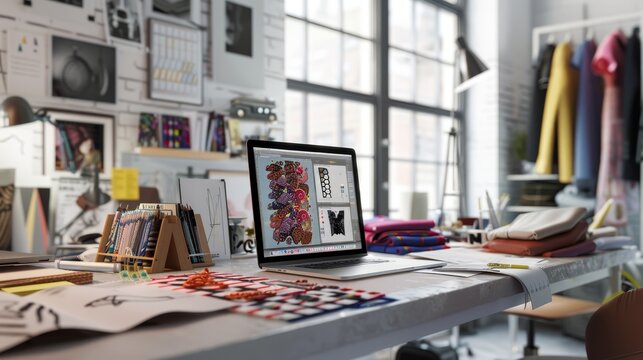 Creative Haven Fashion Designer's Studio with Inspiring Design Software Fabric Swatches and Sketches Natural Light Interior with Artistic Ambiance