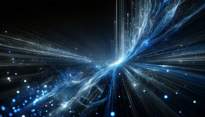 Naklejka premium A burst of blue and white light rays extends from a central point, with glowing particles scattered throughout a dark, starry background, creating a dynamic, energetic scene. 