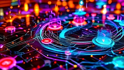 Dynamic Online Interfaces Stream Illustration – Vibrant Kaleidoscope of Social Media, Fintech Services, E-commerce Websites, and Influencer Profiles – Digital Connectivity and Engagement Visual