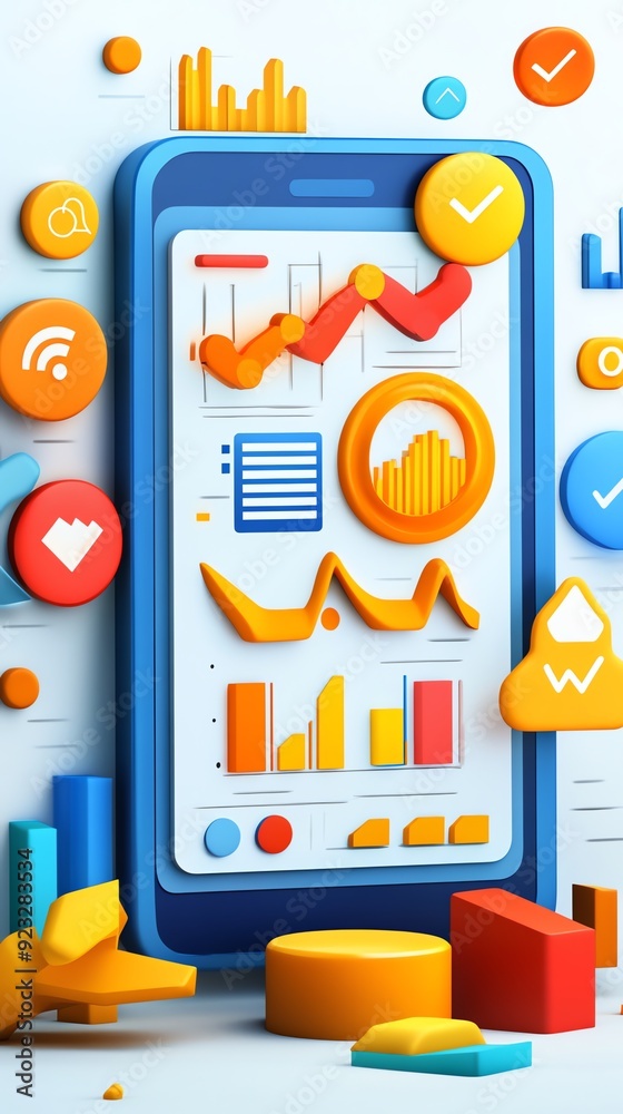 Poster 3d illustration of smartphone with data and charts.