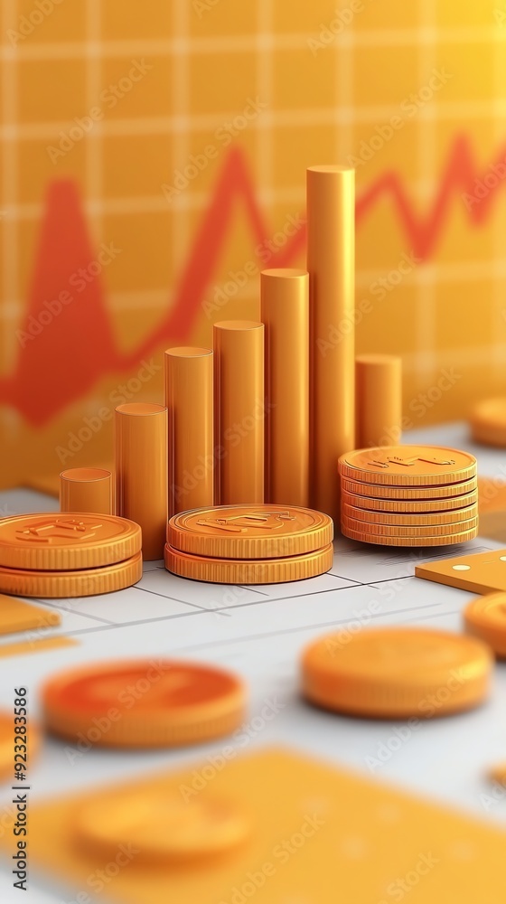 Poster gold coin stack and bar chart.