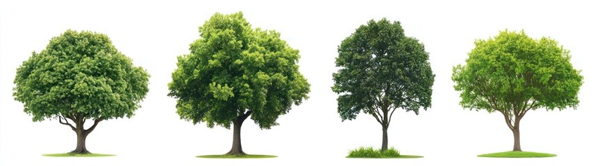 Four Lush Green Trees Isolated on White Background